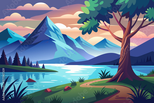 Stylized Mountain Landscape with Lake Path and Tree at Sunset in Vector Illustration for Backgrounds and Creative Projects on Nature