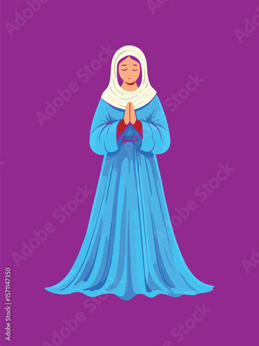 assumption day | Woman in blue dress and white head covering praying religious
