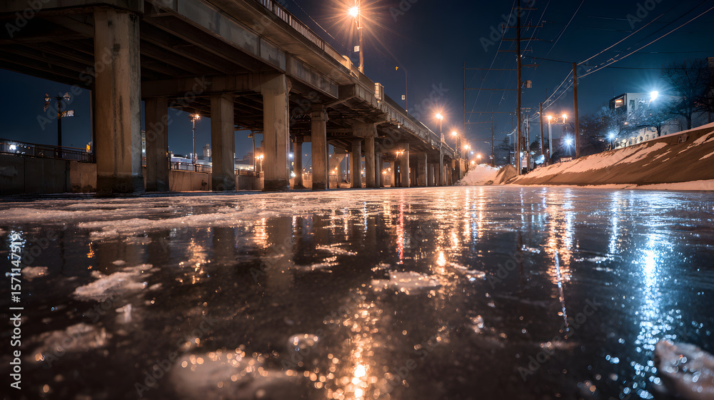 Fototapeta premium An urban bridge with ice formations and streetlight reflections on the glossy road surface creating a cold atmospheric city night scene
