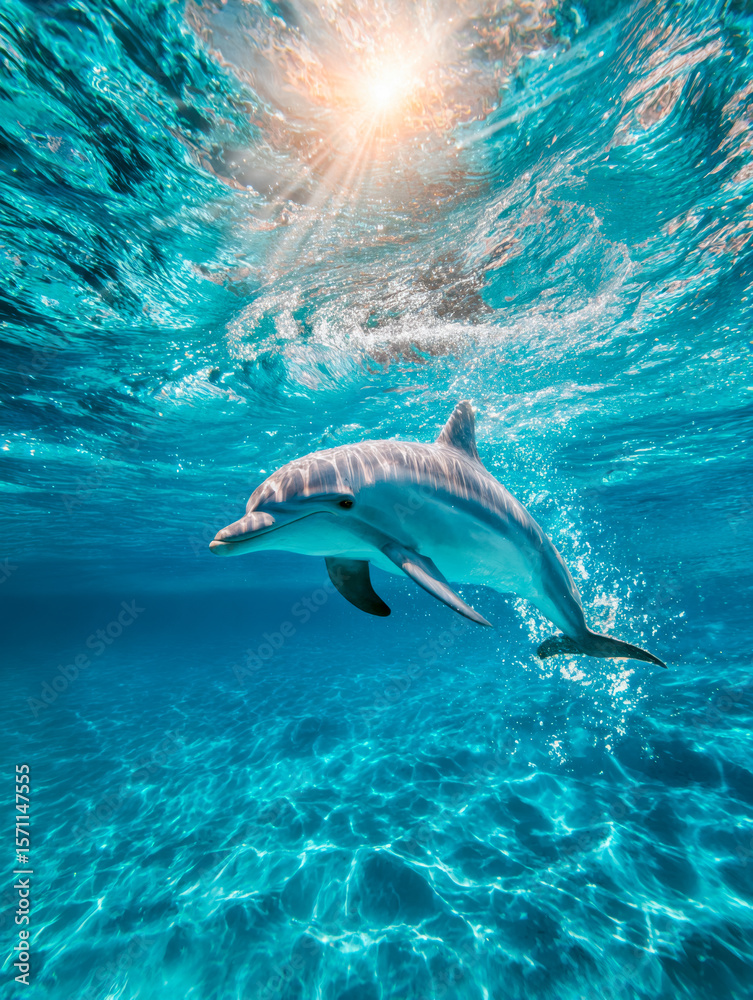 Obraz premium Playful dolphin swimming beneath the sunlit ocean surface