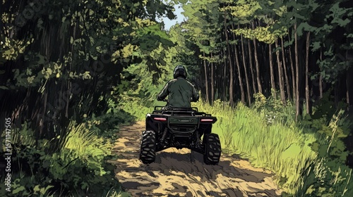 Off-road adventure illustration: Solitary rider on a quad bike through forest trail