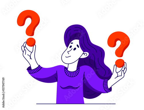 Young woman having a doubt and question, vector illustration of a person who is hesitating and thinking about some problem, decide uncertainty.