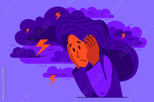 Young woman feeling stressed and uncomfortable, vector illustration of a person having mental disorder panic and anxiety, psychological problems.