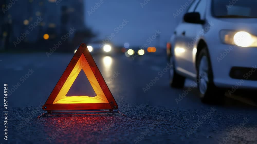 Series of Cars Passing by Illuminated Warning Triangle on Wet City Roadway at Dusk