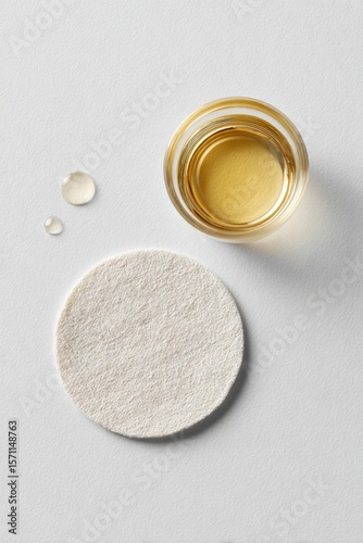 Transparent liquid in glass reveals soft cotton pad nearby, high