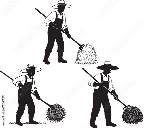 Farmer Collecting Hay With Pitchfork Cartoon silhouette