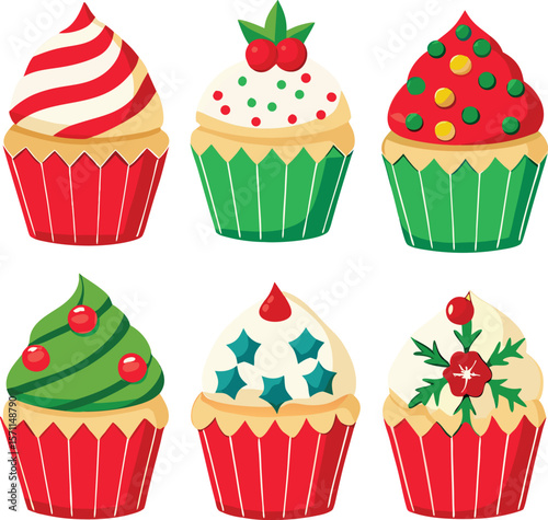 Cute vector cartoon set of birthday cupcakes with sprinkles and cherry for celebration party