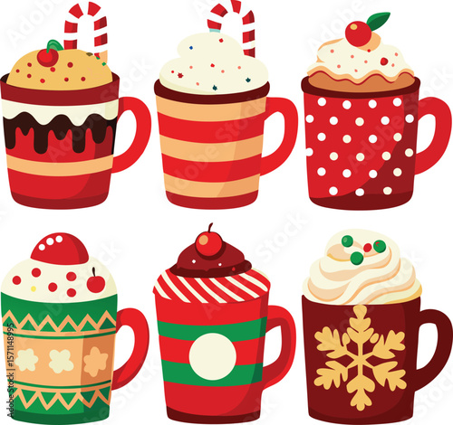 Six Christmas Mugs of Hot Chocolate Illustration with Cat Design Elements