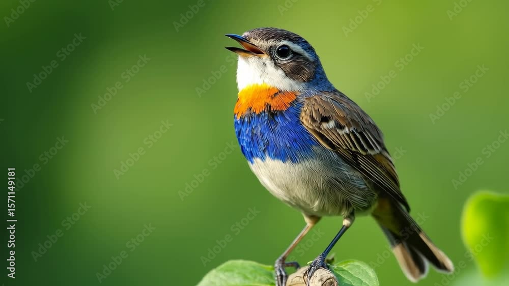 A stunning bird with bright blue and orange plumage perches on a tree branch, singing joyfully while surrounded by vibrant greenery and warm sunlight in a serene garden. A stunning bird with bright blue and orange plumage perches on a tree branch, singing joyfully while surrounded by vibrant greenery and warm sunlight in a serene garden.