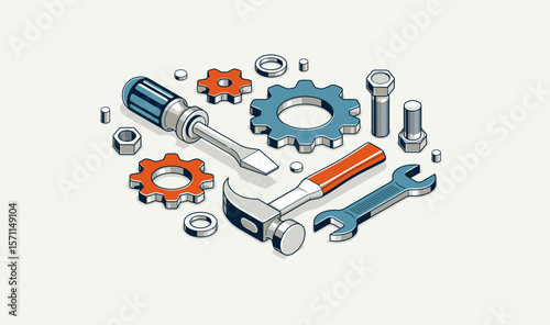 Mechanical engineering concept, gears and tools in 3D isometric projection vector illustration, cogwheels and cogs system technology and technics work in progress.