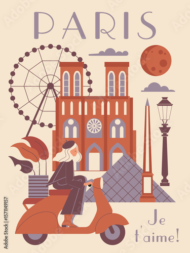 Paris Travel Poster with Woman Riding Scooter