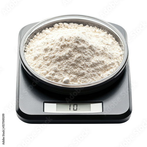 Measuring flour on an electronic kitchen scale for precise baking cutout isolated on transparent background, cutout png