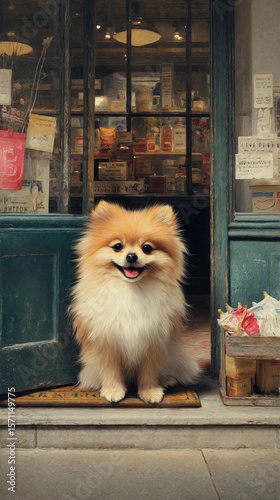 A fluffy pomeranian sitting in front of a shop with a green door frame smiling