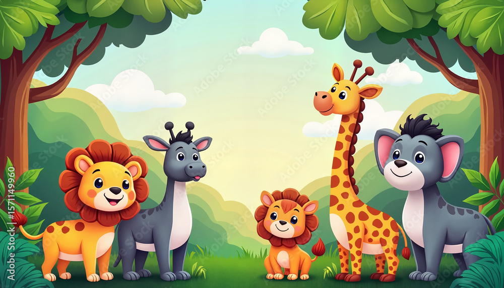 Naklejka premium Cartoon animals smiling together in a lush forest 