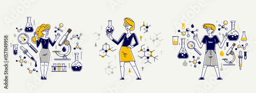 Scientist discovering science theory and making experiments vector outline illustration set, theoretical science research or invention, education learning university.