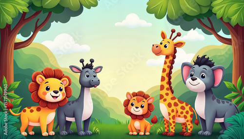 Cartoon animals smiling together in a lush forest
