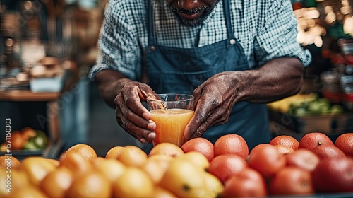 Freshly squeezed orange juice being poured by a vendor at a market stall