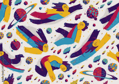 Dreamers conceptual seamless background, illustrative vector people flying among the planets in space, freedom of imagination relaxed levitation, tranquil and hypnotic emotions.