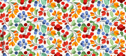 Fresh berries seamless background, different forest wild berries tiling wallpaper, elements easy to use separately.