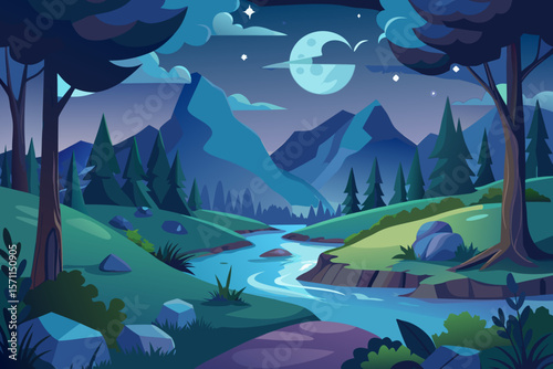 Stylized Illustration of a Mountain Landscape at Night with a River and Trees Under a Full Moon