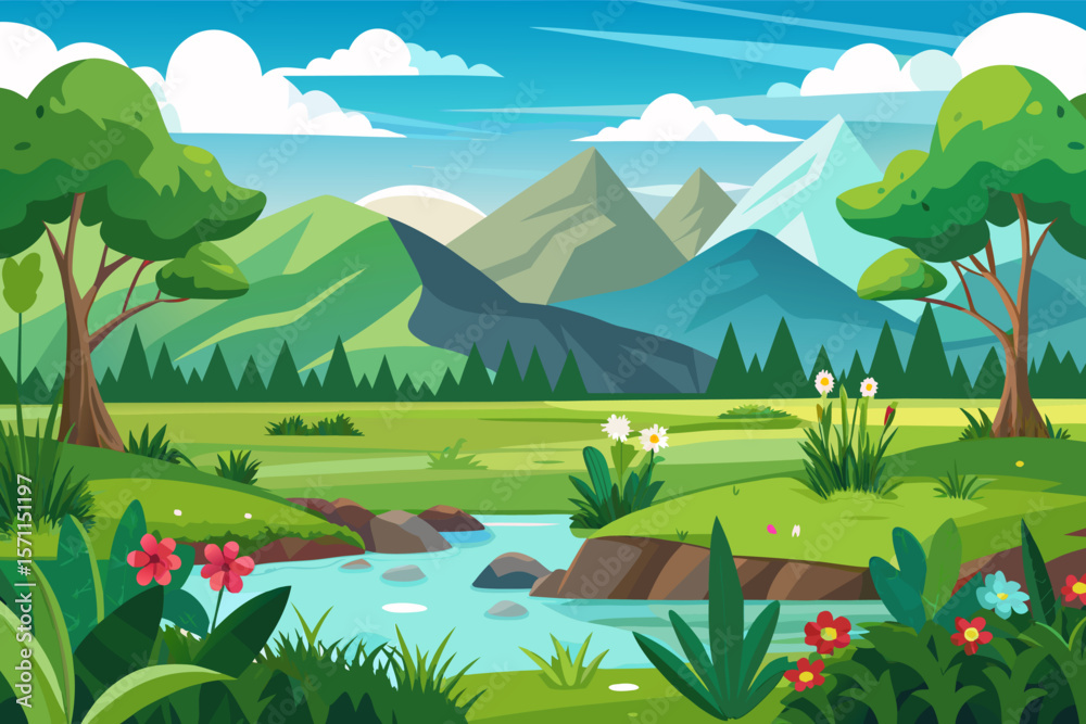 Obraz premium Serene Cartoon Landscape with Mountains River Trees and Flowers in a Vibrant and Colorful Illustration Style for Children