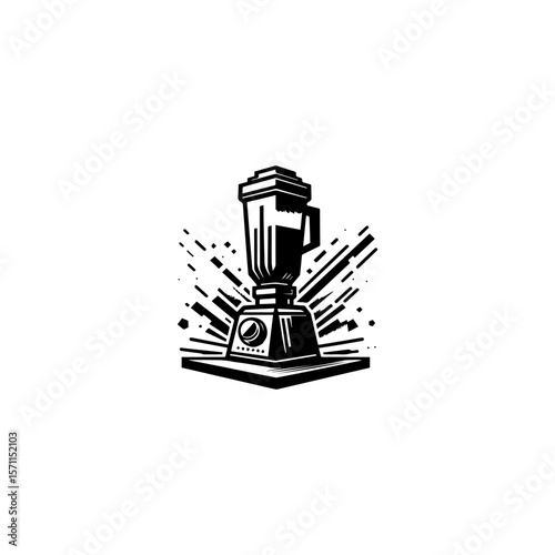 A stylized illustration of a blender, depicted in monochrome, with radiating lines suggesting action.