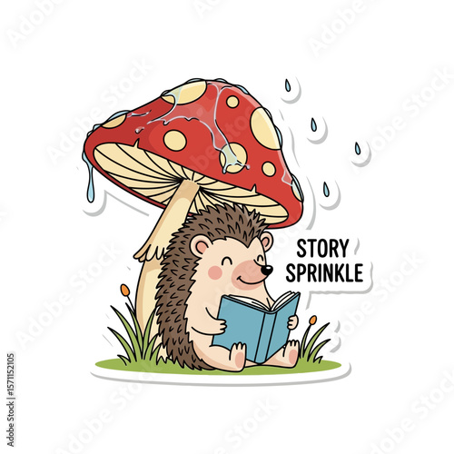A cheerful hedgehog sits under a rain-soaked mushroom, engrossed in reading a book.