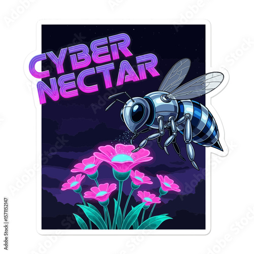 A robotic bee collecting nectar from vibrant, glowing pink flowers under a starry night sky.