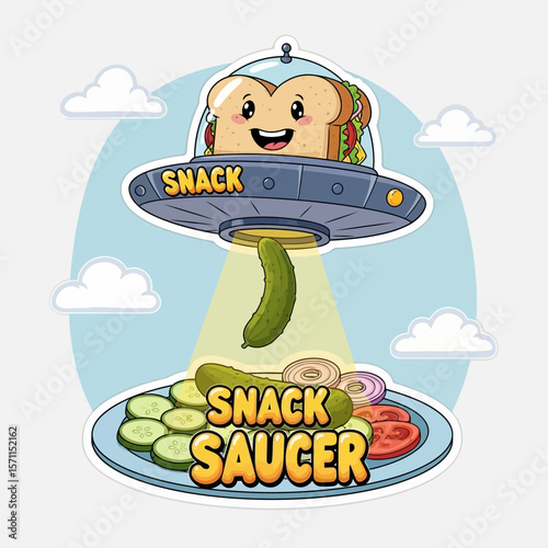 A whimsical illustration of a sandwich in a UFO beaming a pickle onto a plate of vegetables.