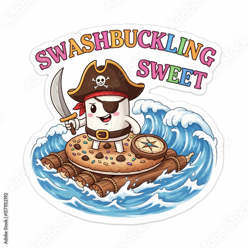 Cartoon marshmallow pirate with eye patch and sword sailing on a cookie raft through ocean waves.