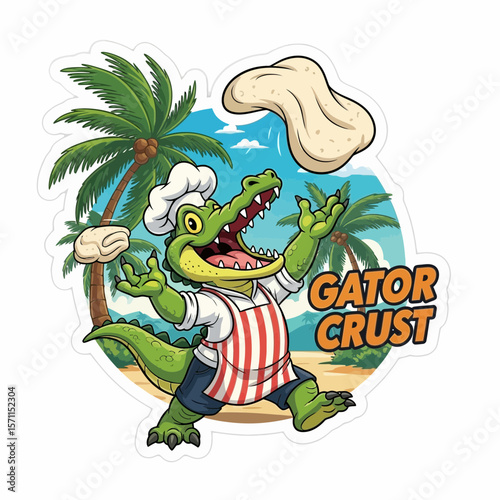 Cartoon alligator chef tossing pizza dough on a tropical beach.