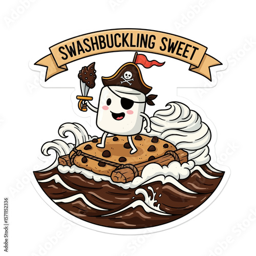 A marshmallow pirate sails on a chocolate chip cookie through a sea of chocolate.