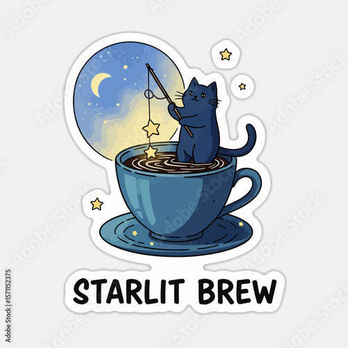 A whimsical illustration of a cat fishing for stars from a coffee cup, under a moonlit sky.