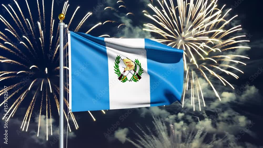 National flag independence state Guatemala, background fireworks. AI Generative