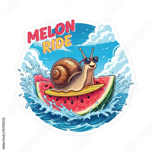 A cartoon snail wearing sunglasses surfs a watermelon slice in a vibrant, summery scene.