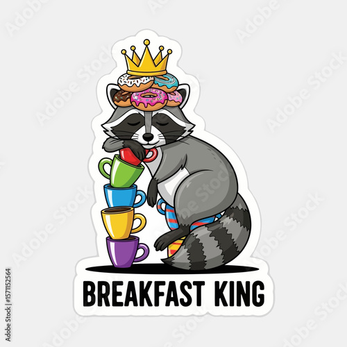 A raccoon wearing a crown, piled high with donuts, and resting atop a stack of colorful coffee mugs, is depicted as the "Breakfast King.".