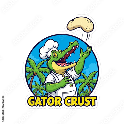 Cartoon alligator chef tossing a piece of pizza in a tropical scene, promoting a food brand.