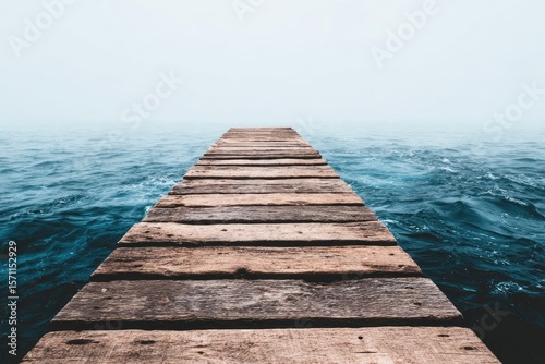 Wooden pier extending into a misty sea