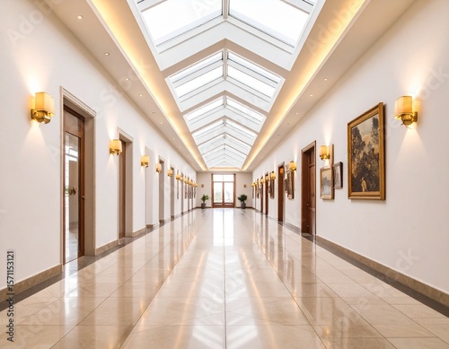 A bright corridor with skylights  warm ceiling spotlights  and art on the walls