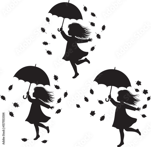 Little Girl With Umbrella And Autumn Leaves silhouette