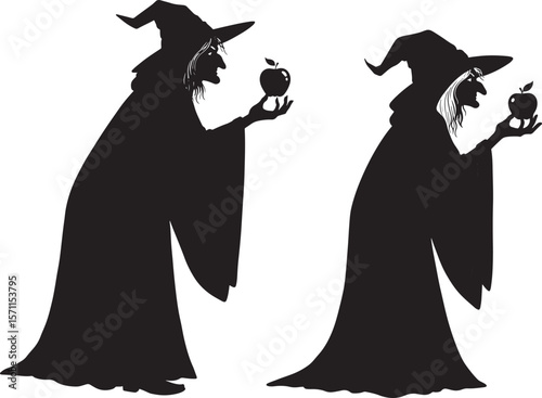 Old Witch Holding Red Apple Cartoon silhouette