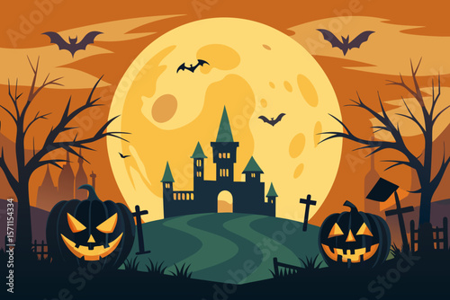 Halloween night illustration with spooky castle pumpkins bats tombstones and a full moon in a cartoon vector style background