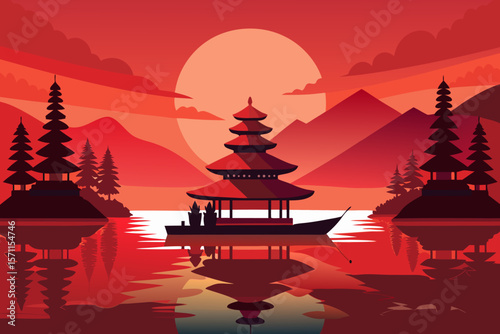 Serene Asian Landscape with Pagodas and Water Reflections at Sunset in Red Tones for Travel and Cultural Concepts