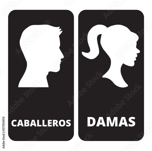 Damas y caballeros bathroom banner on a black background (trad. ladies and gentlemen)