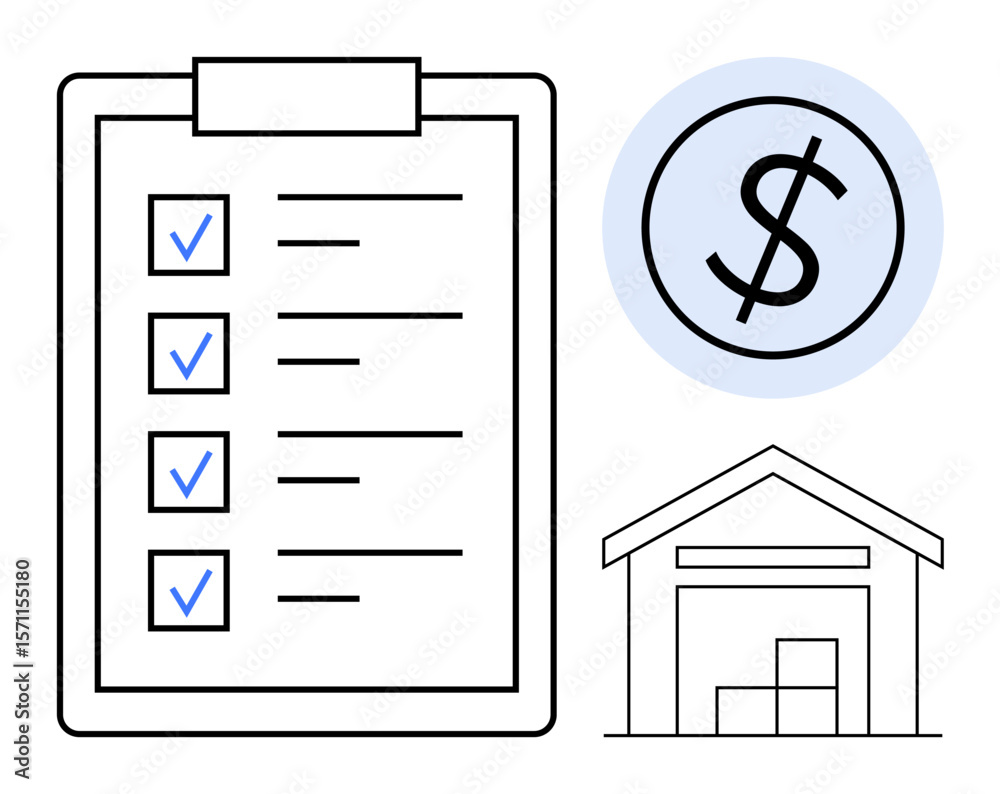 Clipboard with checklist, dollar icon, and warehouse with boxes. Ideal for logistics, inventory management, financial planning, budgeting, shipping, organization simple flat metaphor Clipboard with checklist, dollar icon, and warehouse with boxes. Ideal for logistics, inventory management, financial planning, budgeting, shipping, organization simple flat metaphor