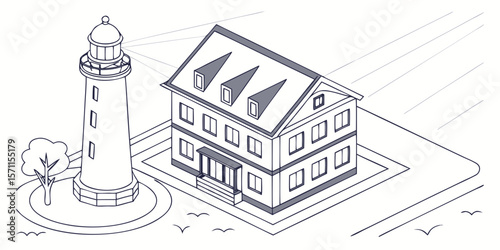 Isometric view of a lighthouse with a nearby building and a tree on a white background scene design