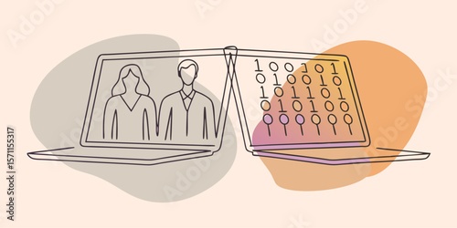 Two laptops displaying a video call with two people and binary code on the screens in line art