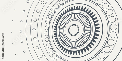 Circular mechanical drawing with gears circles and radial lines in monochrome style art design