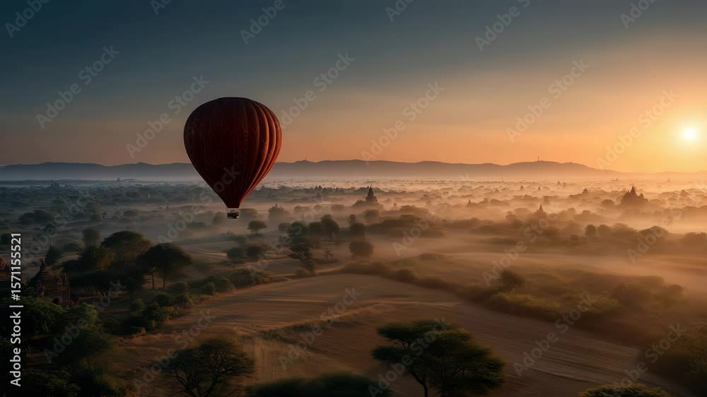 Hot air balloon drifting over a field of flowers during sunrise in a peaceful setting Hot air balloon drifting over a field of flowers during sunrise in a peaceful setting