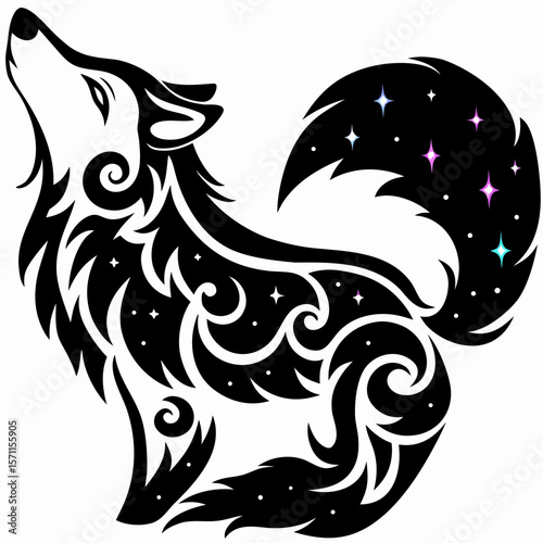 Celestial Arctic Wolf Dreamy Night Sky Tribal Art